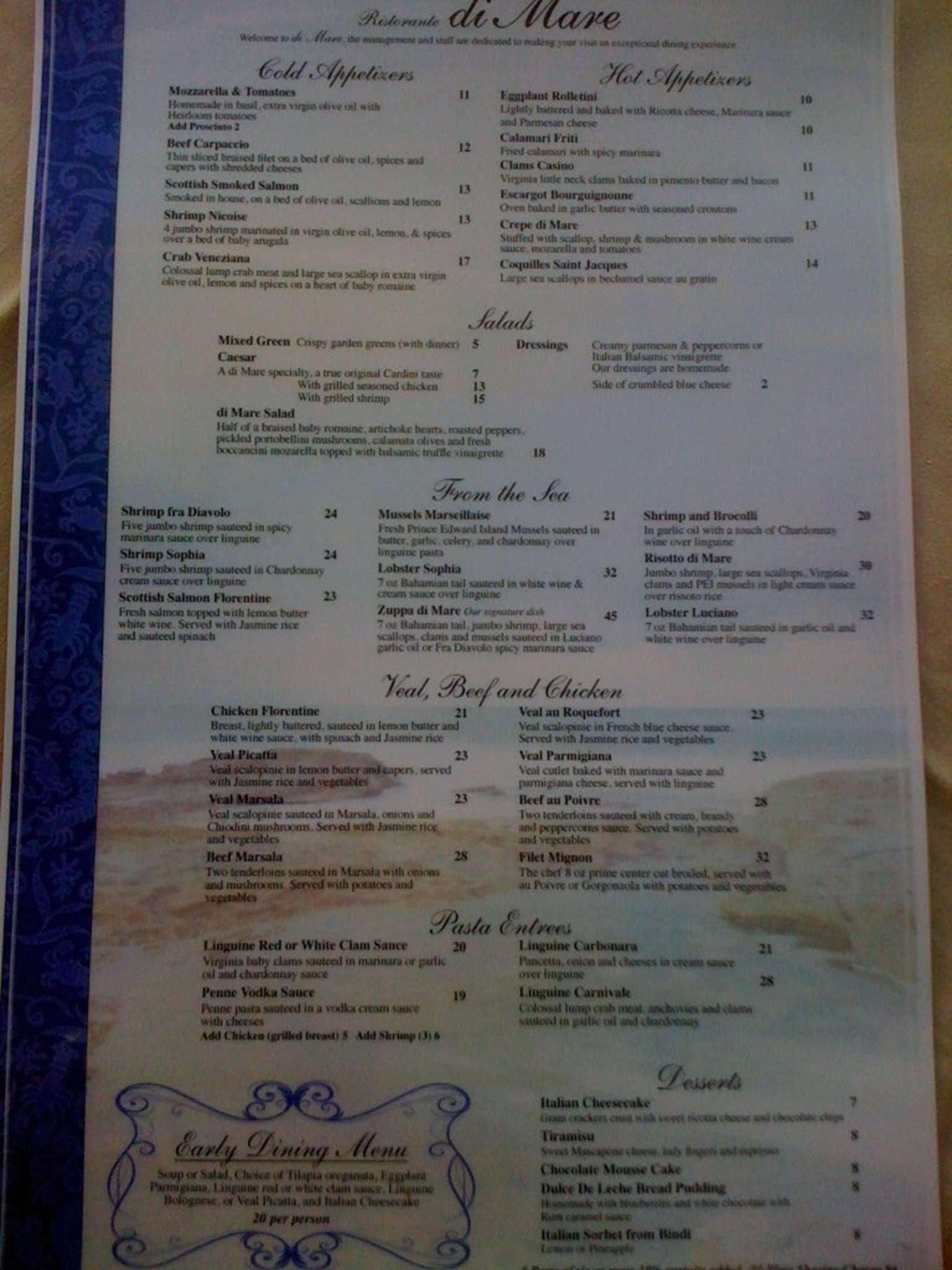 Menu at Di Mare restaurant, Vero Beach, Ocean Dr