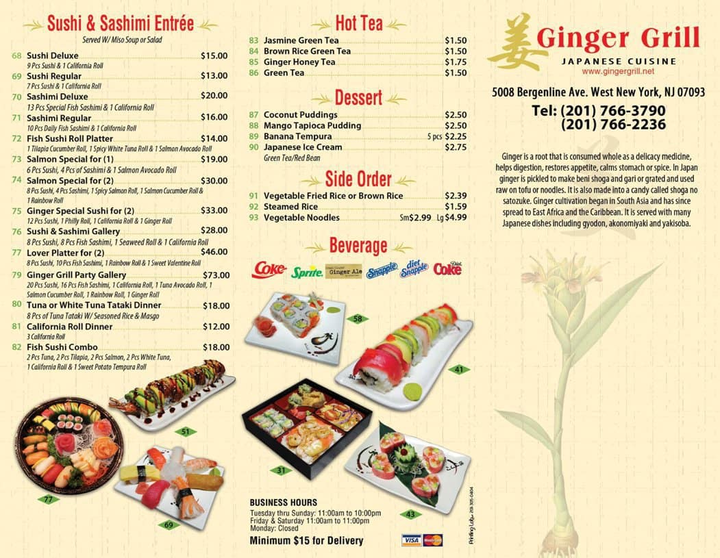Ginger Grill menu, Menu restauracji Ginger Grill, West New York, West
