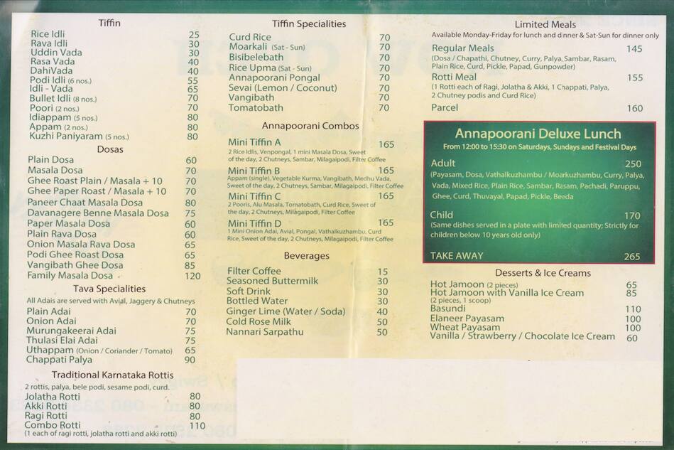 Annapoorani Menu, Menu for Annapoorani, Malleshwaram, Bangalore Zomato