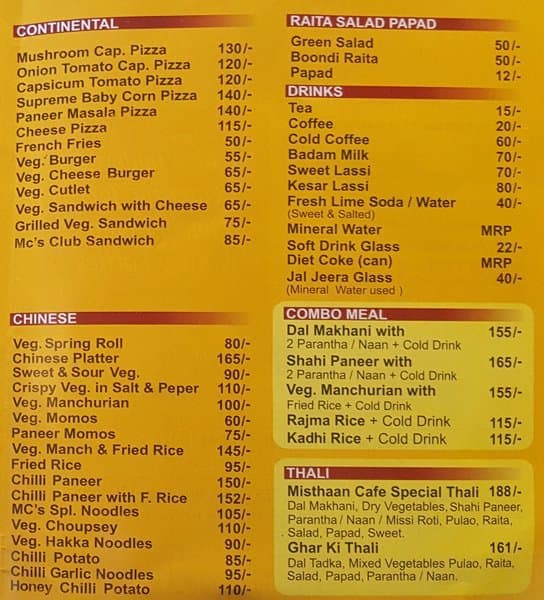 Misthaan Cafe menu