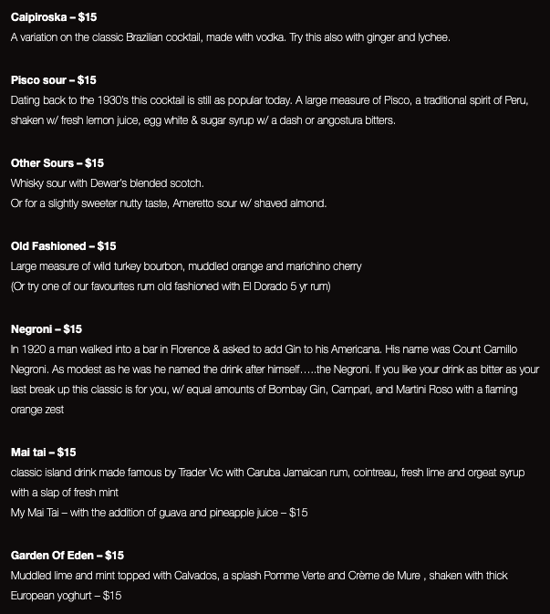 Menu at Brass Monkey restaurant, Cronulla