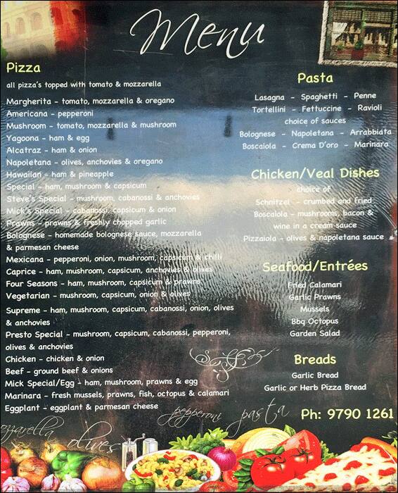 Presto Pizza menu, Menu restauracji Presto Pizza, Bankstown, Sydney