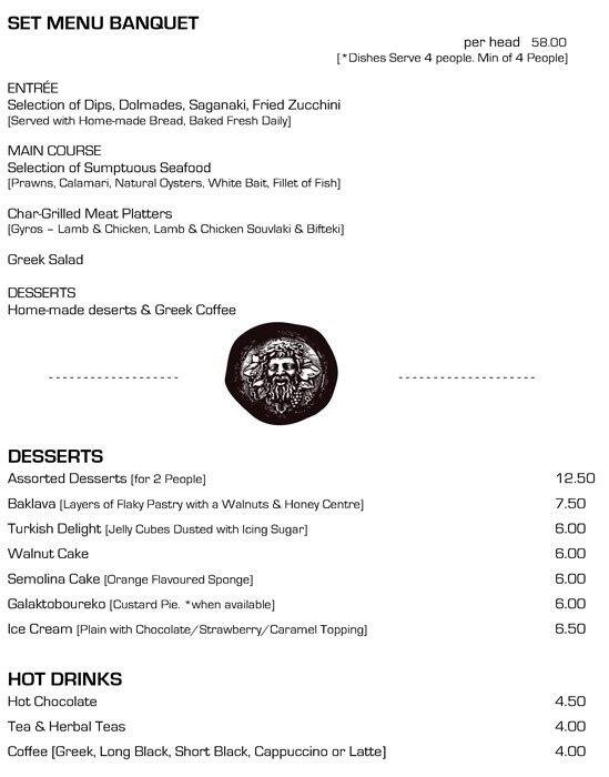 Menu at George's Greek Tavern restaurant, Malvern East