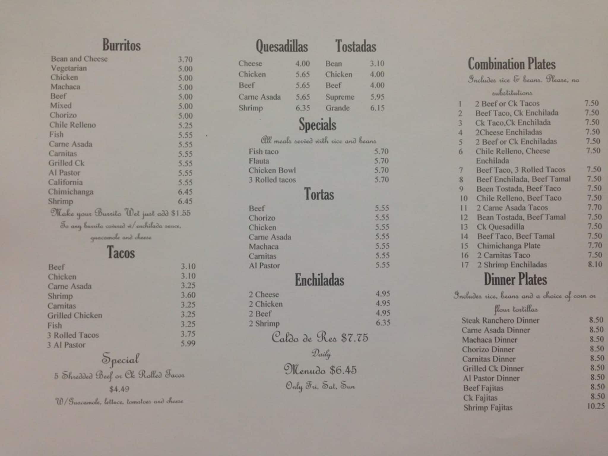 Menu at Papa Chito's Mexican Food restaurant, San Diego