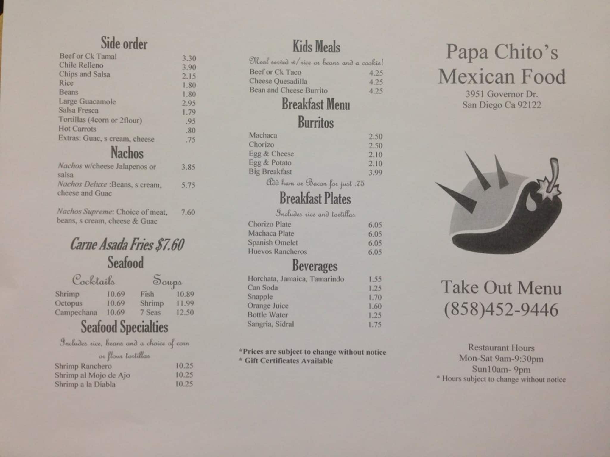Menu at Papa Chito's Mexican Food restaurant, San Diego