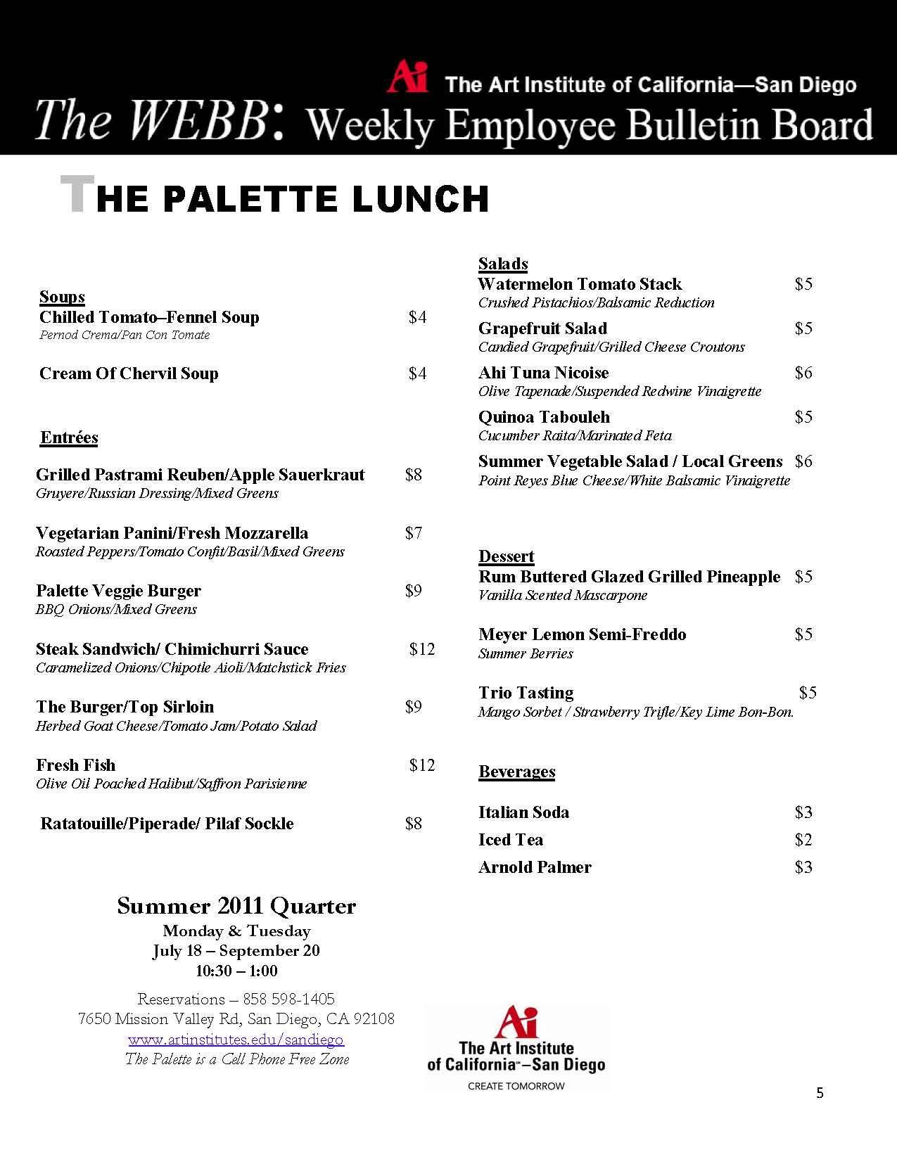 The Palette Menu, Menu for The Palette, Mission Valley, San Diego