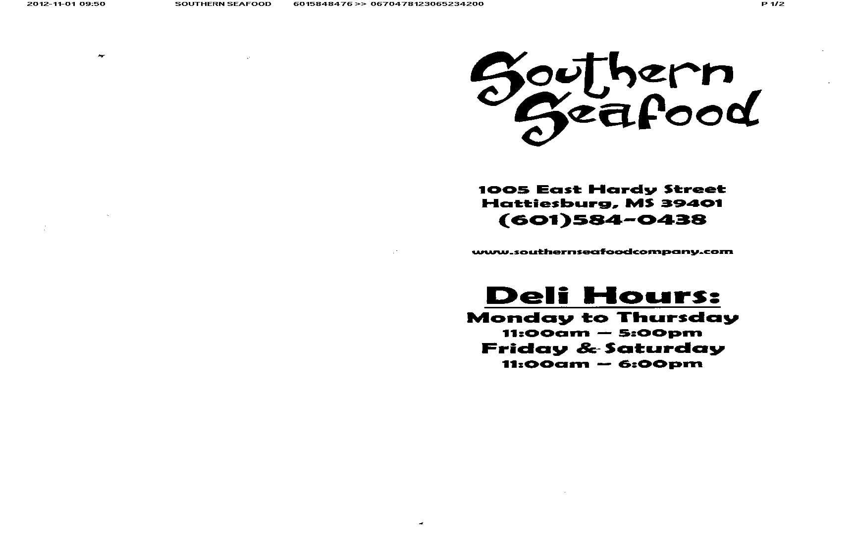 Southern Seafood Menu, Menu for Southern Seafood, Hattiesburg