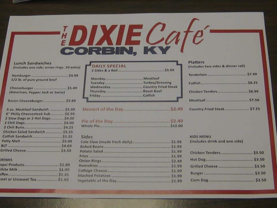 The Dixie Cafe Menu, Menu for The Dixie Cafe, Corbin, Corbin