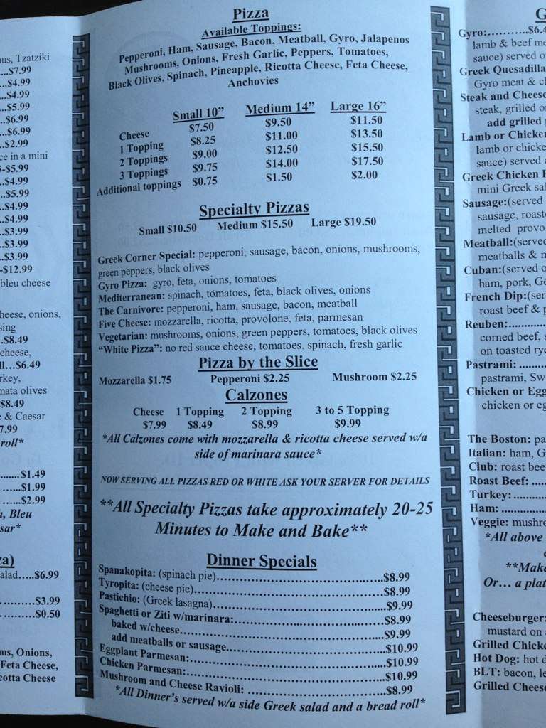 Menu at Greek Corner Pizza pizzeria, Macon, Vineville Ave