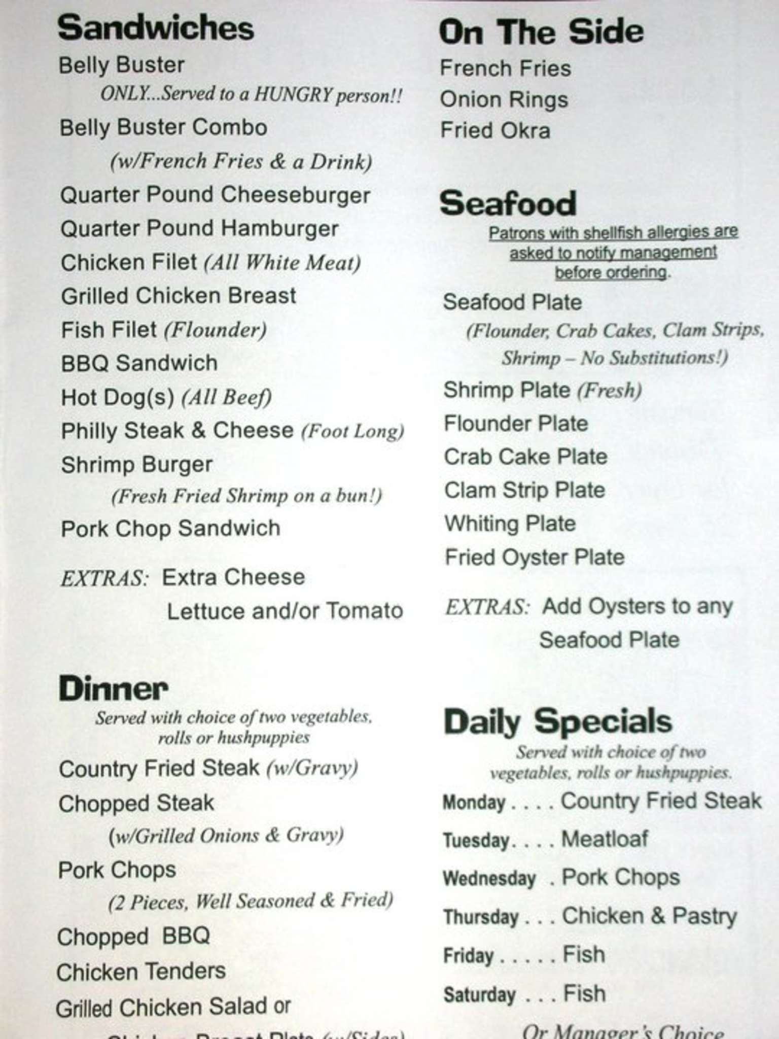 Menu at Shirley's Diner restaurant, Leland