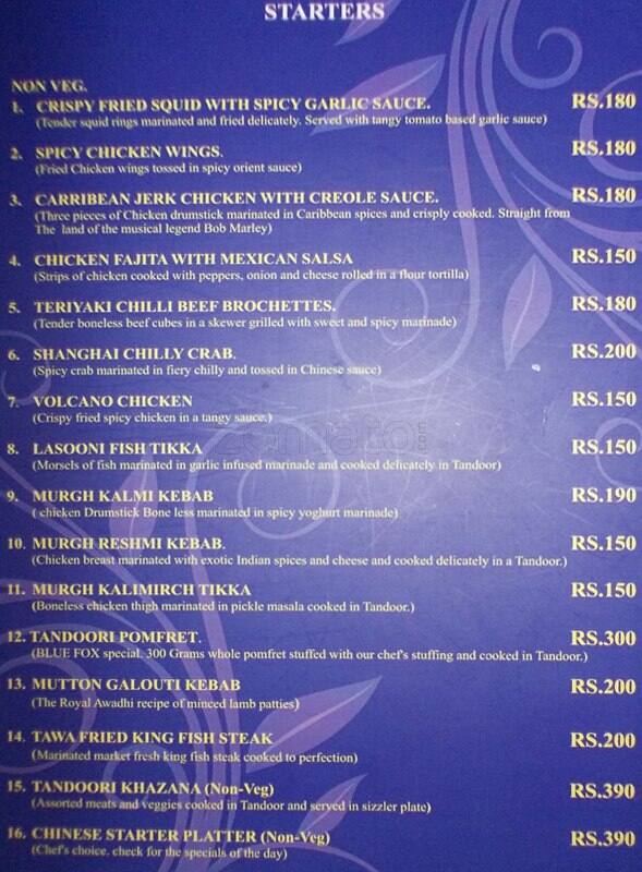 Blue Fox Menu, Menu for Blue Fox, Velachery, Chennai Zomato