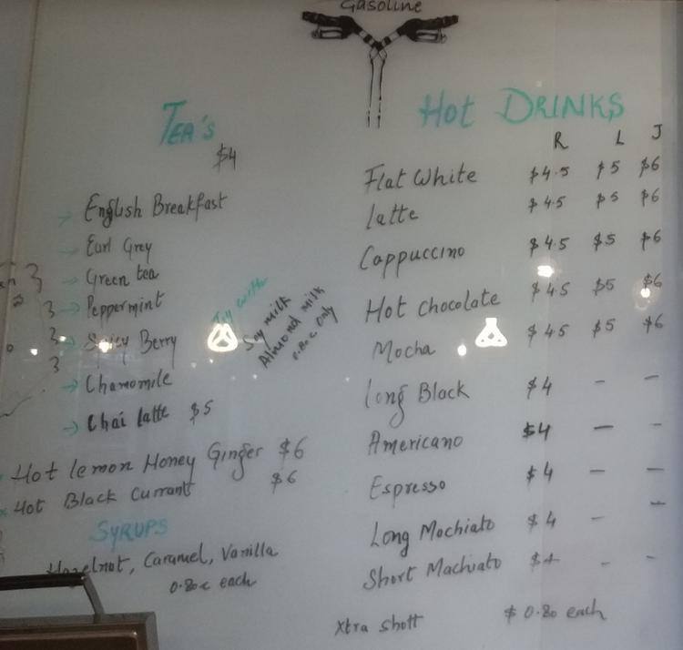 Menu at Gasoline Cafe, Wellington