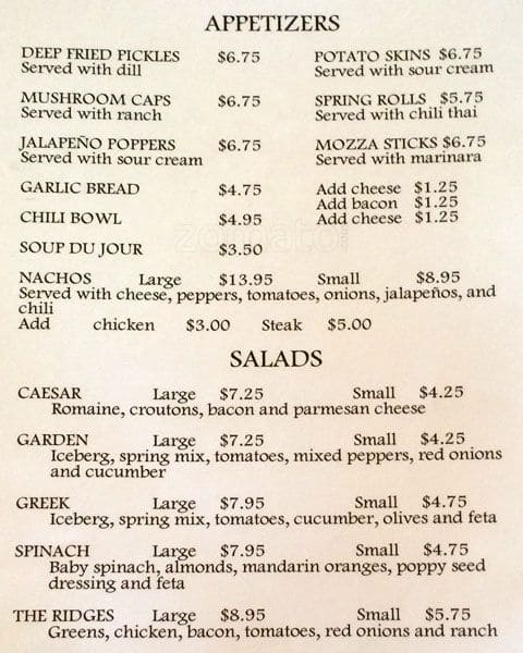 The Ridges Pub menu