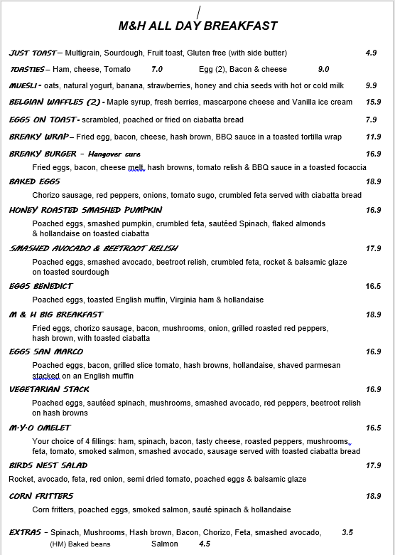 Mylk and Honey Menu, Menu de Mylk and Honey, Niddrie, Melbourne