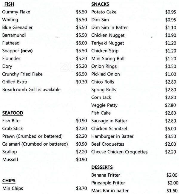 Upwey Fish & Chips menu, Menu restauracji Upwey Fish & Chips, Upwey