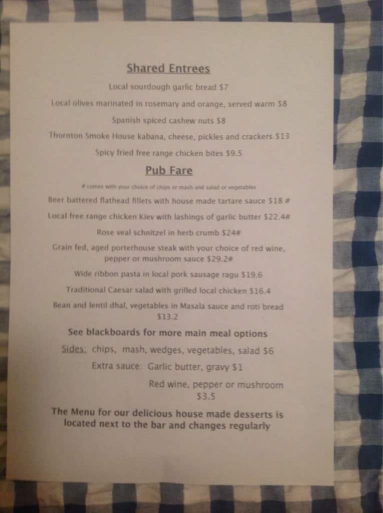 The Corner Hotel Menu, Menu for The Corner Hotel, Alexandra, Alexandra