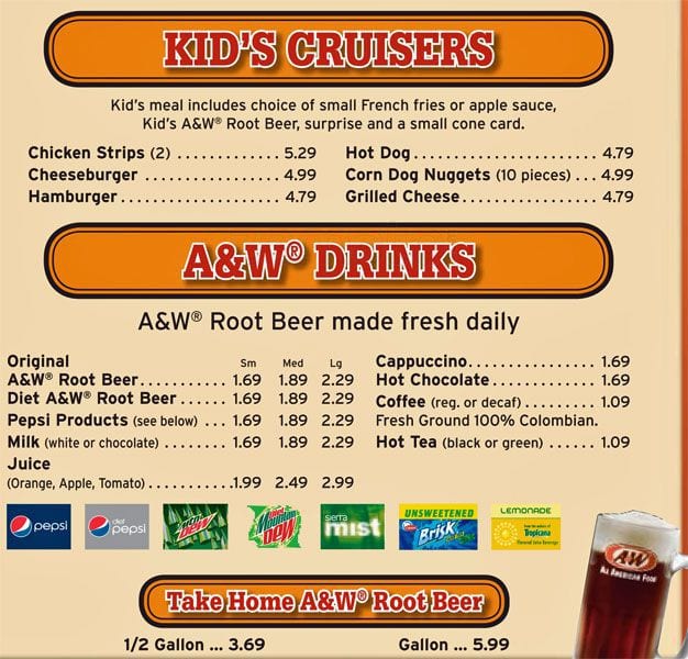 Menu at A&W restaurant, Lakewood, Bridgeport Way SW
