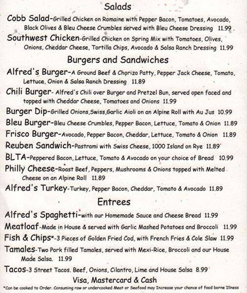 Menu at Alfred's restaurant,