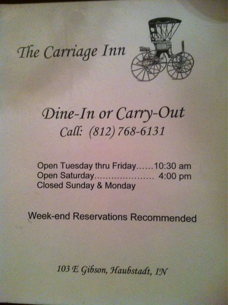 Carriage Inn Menu, Menu for Carriage Inn, Haubstadt, Evansville
