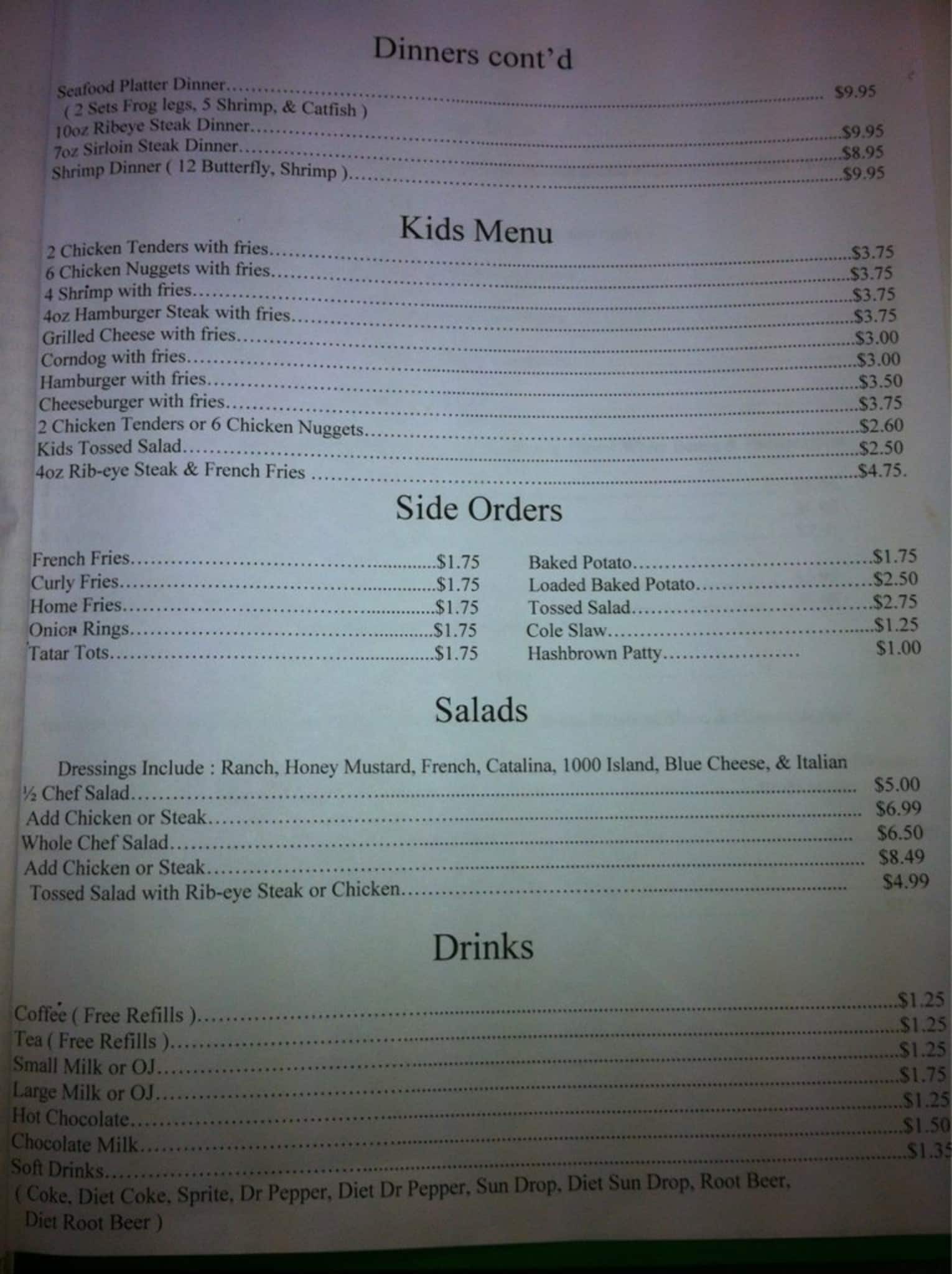 Menu at Country Diner restaurant, Chapel Hill