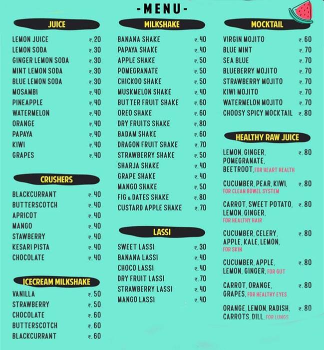 Menu of Bruiser Juice Bar, Old Airport Road, Bangalore
