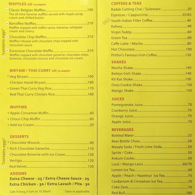 Prithvi Cafe Menu, Menu v reštaurácii Prithvi Cafe, Juhu, Mumbai - Zomato