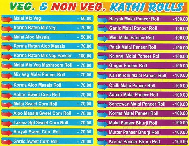 Kalkata’s Lazeez Kathi Rolls menu