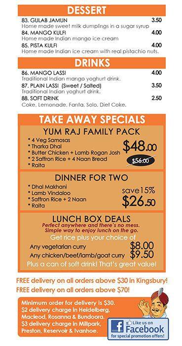 Yum Raj menu