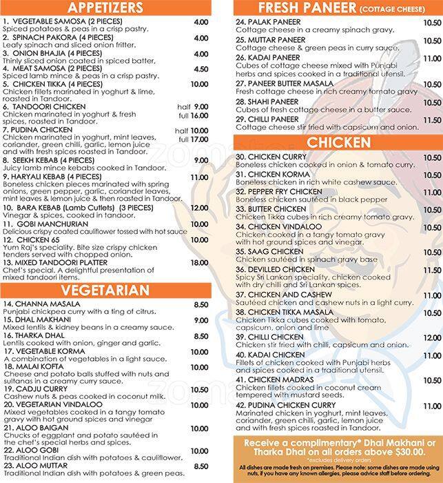 Yum Raj menu