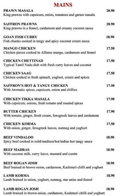 Saffron Indian Restaurant menu