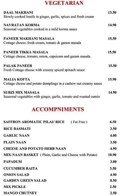Saffron Indian Restaurant menu