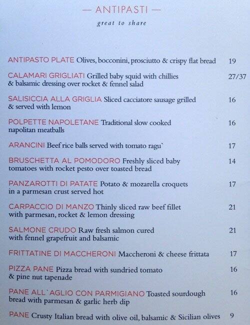 Bellissimo menu, Menu restauracji Bellissimo, Claremont, Perth