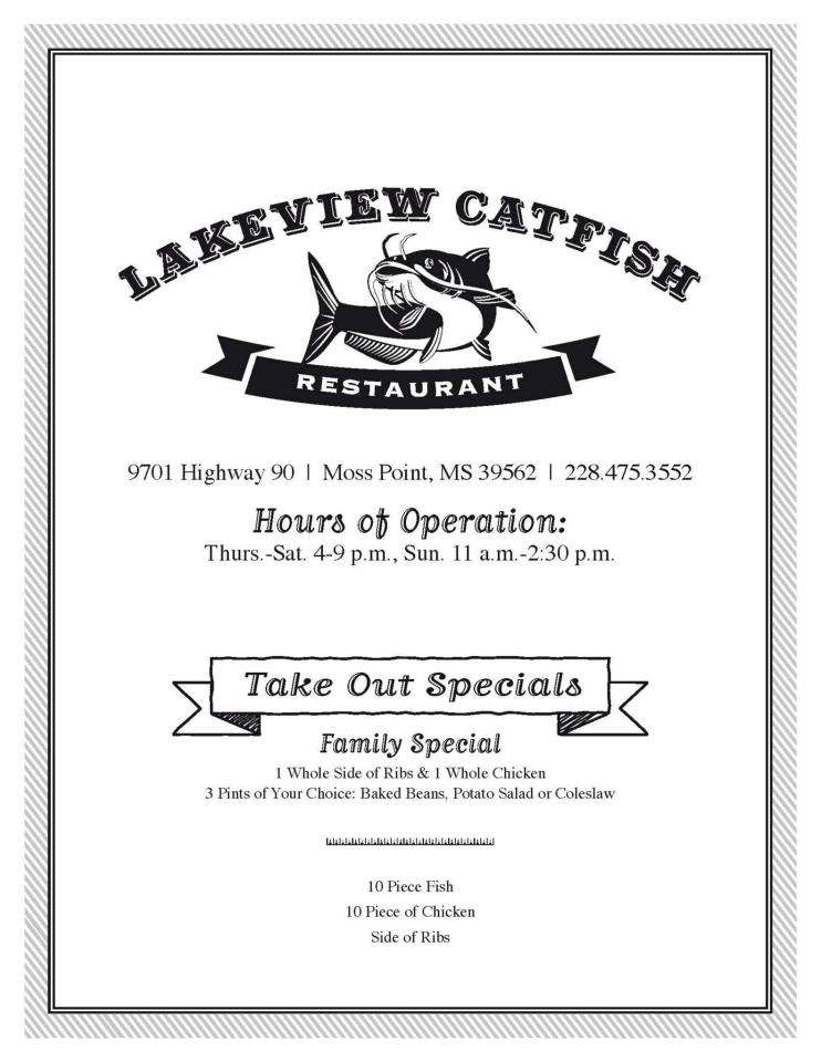 Menu at Lakeview Catfish Restaurant, Moss Point