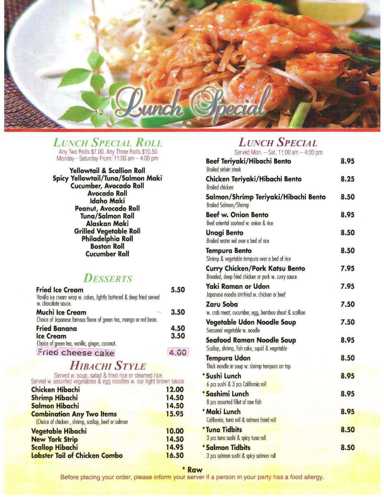 Menu at Fin's Japanese Sushi & Grill restaurant, Panama City, 732 W 23rd St