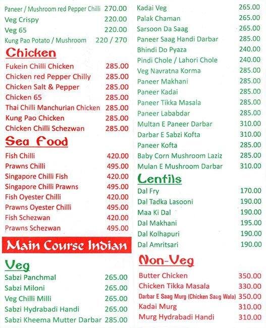 Menu At Delhi Darbar Fusion, Mumbai, 2nd Floor