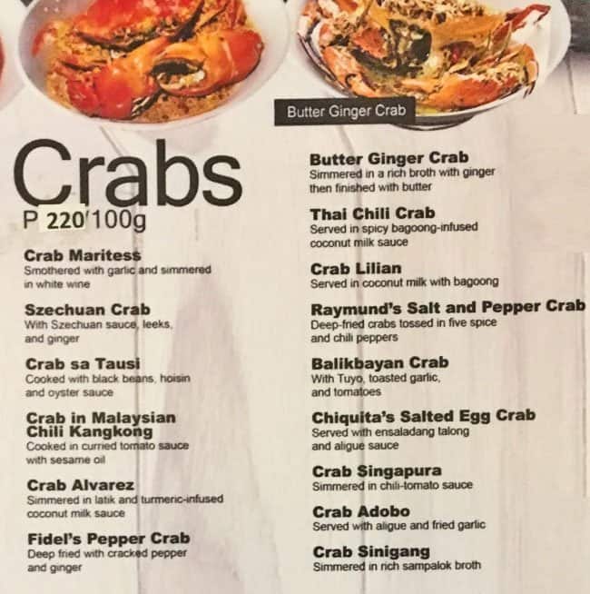 The Red Crab Menu, Menu for The Red Crab, Tomas Morato, Quezon City
