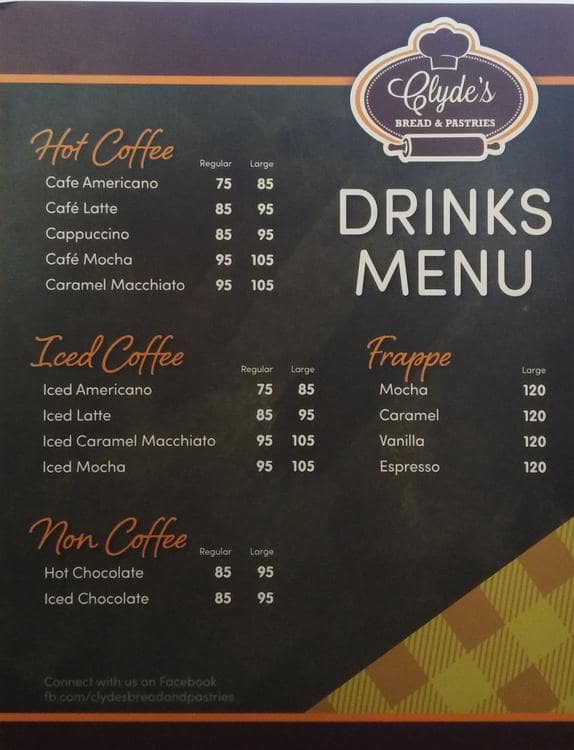 Menu at Clyde's Bread & Pastries restaurant, Manila