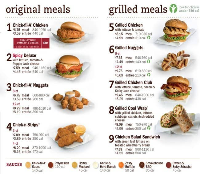 ChickfilA menu, Menu restauracji ChickfilA, Buena Park, Orange