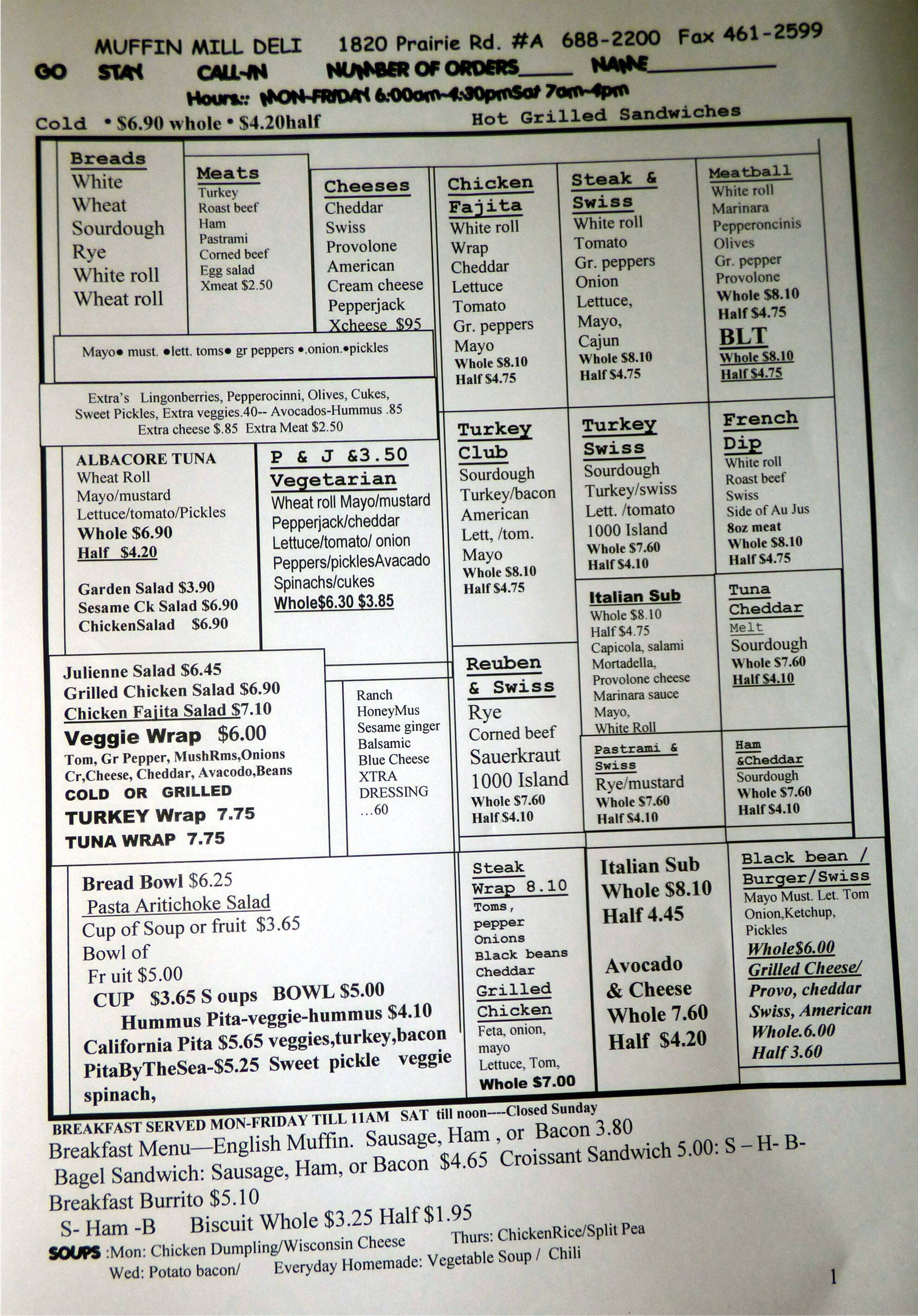 Menu at Muffin Mill cafe, Eugene
