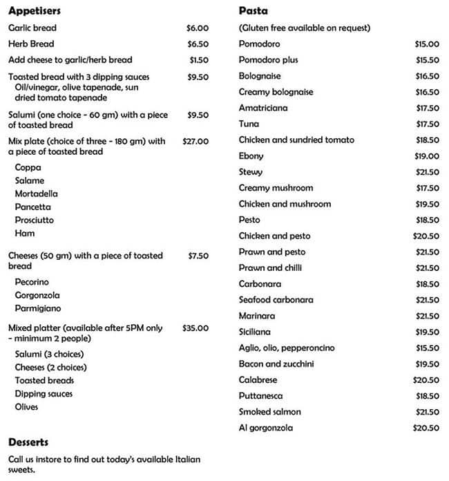 Menu at Sapore di Italia cafe, Innisfail