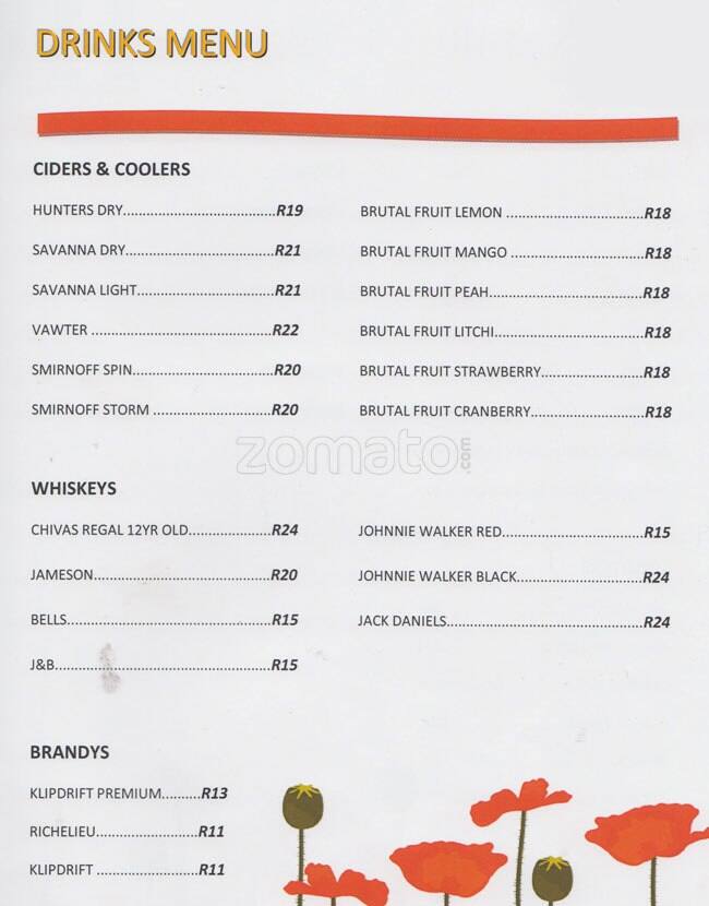 Menu at Mish Mash restaurant, Johannesburg