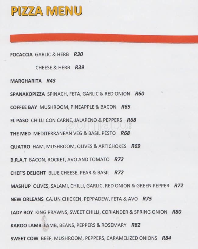 Menu at Mish Mash restaurant, Johannesburg