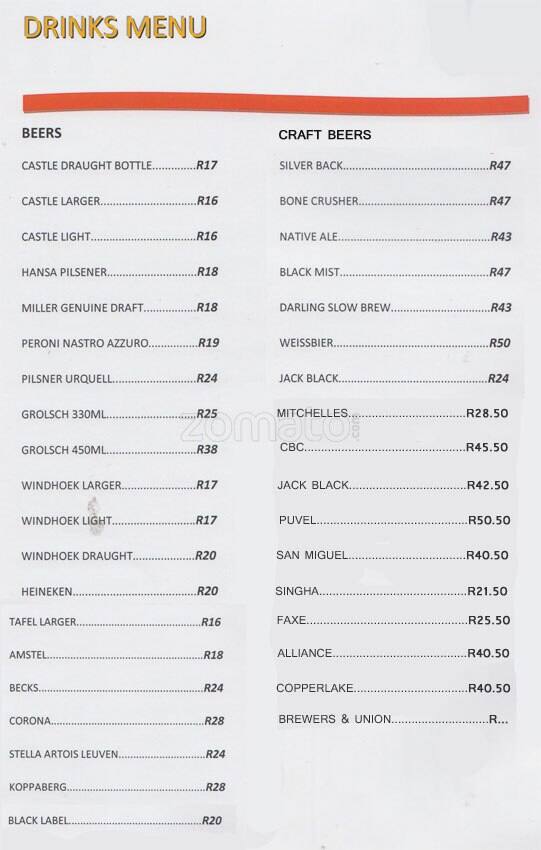 Menu at Mish Mash restaurant, Johannesburg