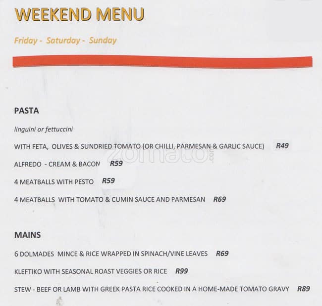 Menu at Mish Mash restaurant, Johannesburg