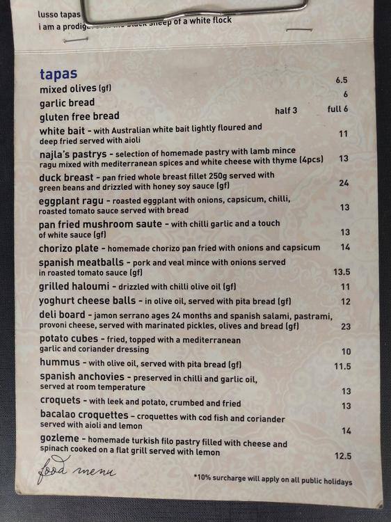 Lusso Tapas menu