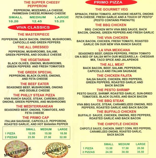 Menu at Viva La Pizza pizzeria, Coquitlam