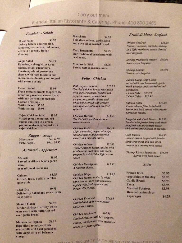 Brendali Italian Ristorante menu