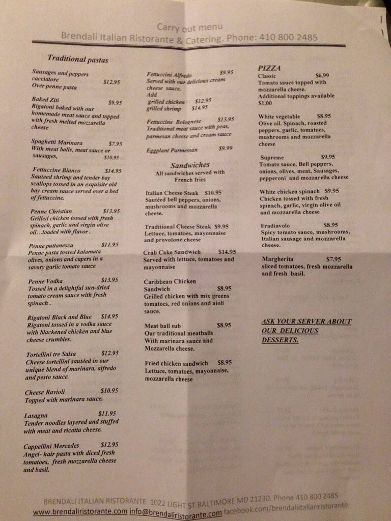 Brendali Italian Ristorante menu