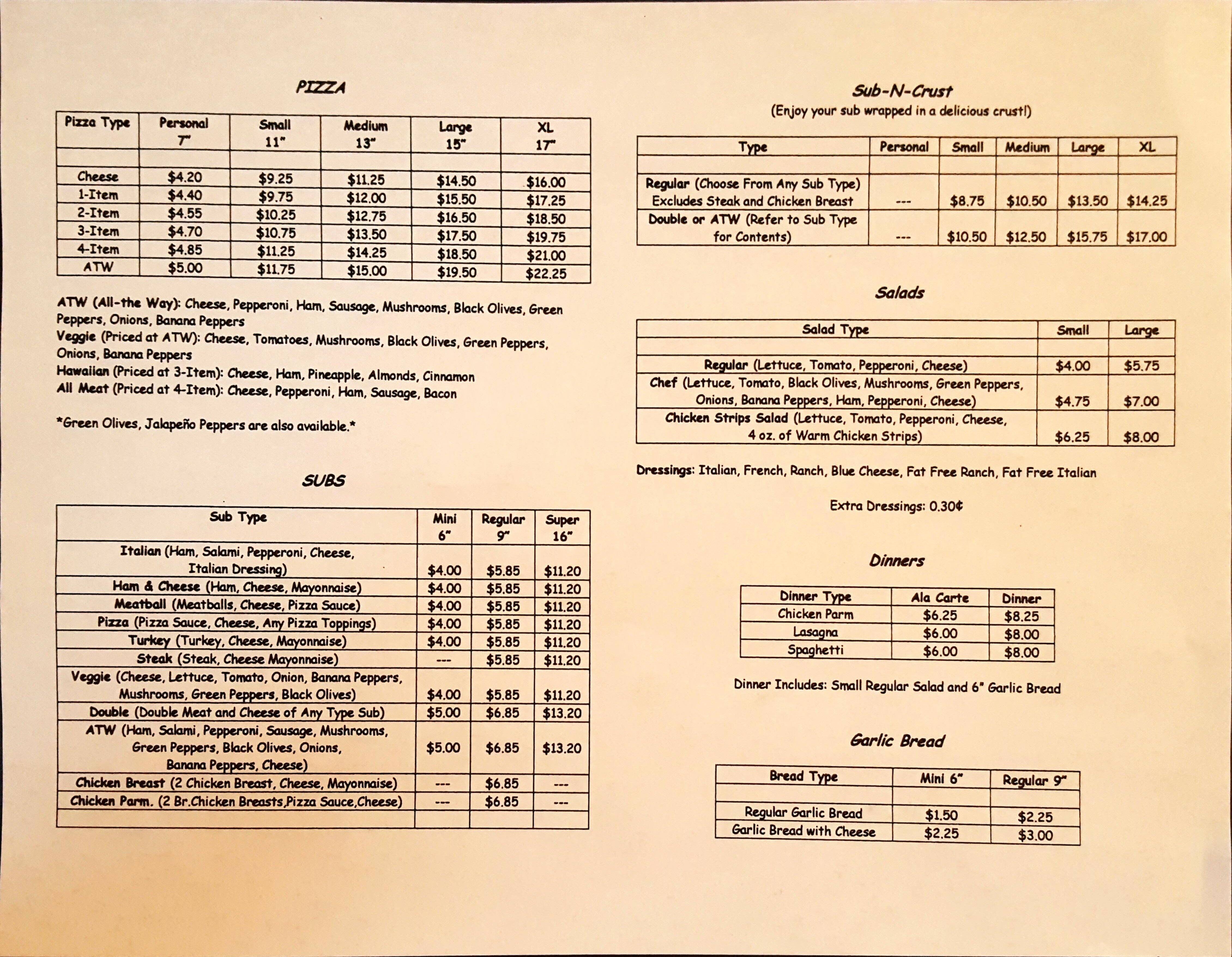 Amy's Pizza Menu, Menu for Amy's Pizza, Orient, Columbus Urbanspoon