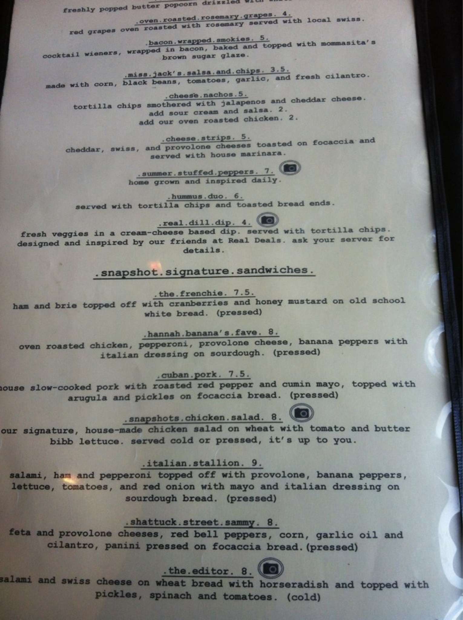 Snapshots Menu, Menu for Snapshots, Granville, Columbus Urbanspoon/Zomato